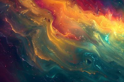 Kosmische Fluidität: Abstrakte Komposition in Gold, Türkis und Rot